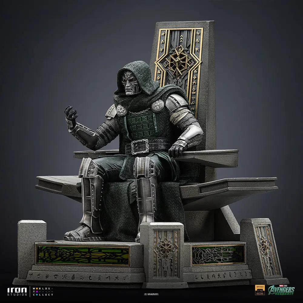 Statue of Doctor Doom on throne; dark gray armor with green cloak, Iron Studios 1/10 scale