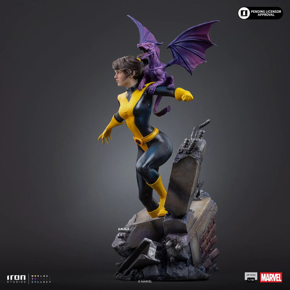 Statue Kitty Pryde & Lockheed from X‑Men, yellow and black suit with purple dragon, by Iron Studios Marvel 1/10 scale