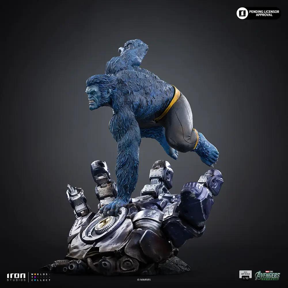 Statue Beast from Avengers: Doomsday by Iron Studios, blue-furred 1/10 scale, posed on a battle-mech base.