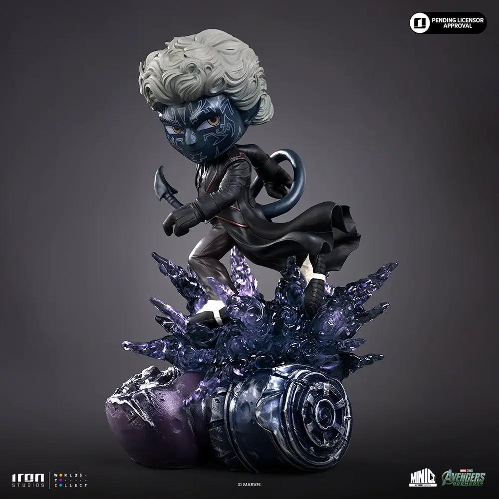 Nightcrawler statue from Iron Studios Minico line, blue-skinned figure atop a purple crystal base