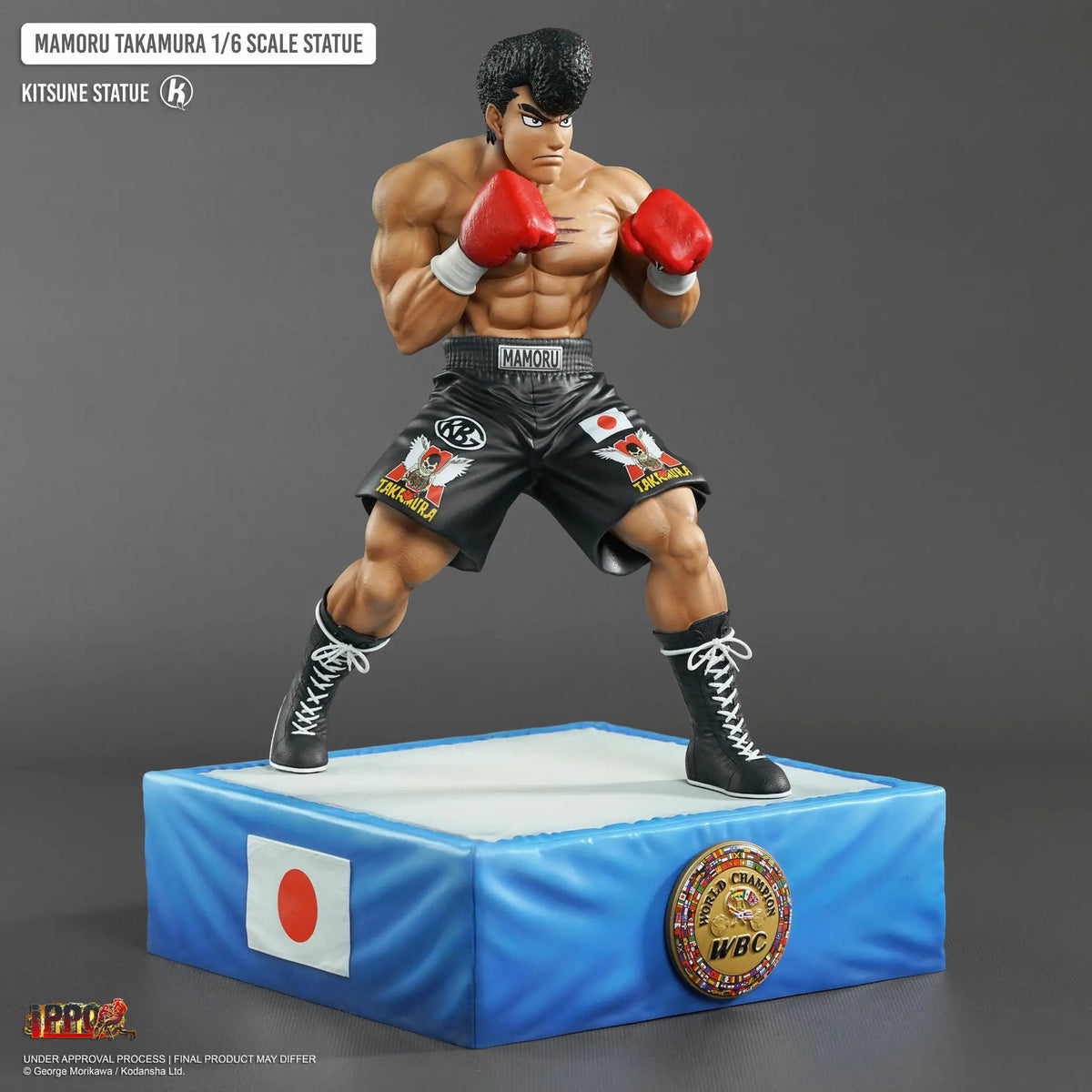 Takamura 1/6 Kitsune statue, boxing figure in red gloves on blue podium with Japanese flag patches and WBC belt