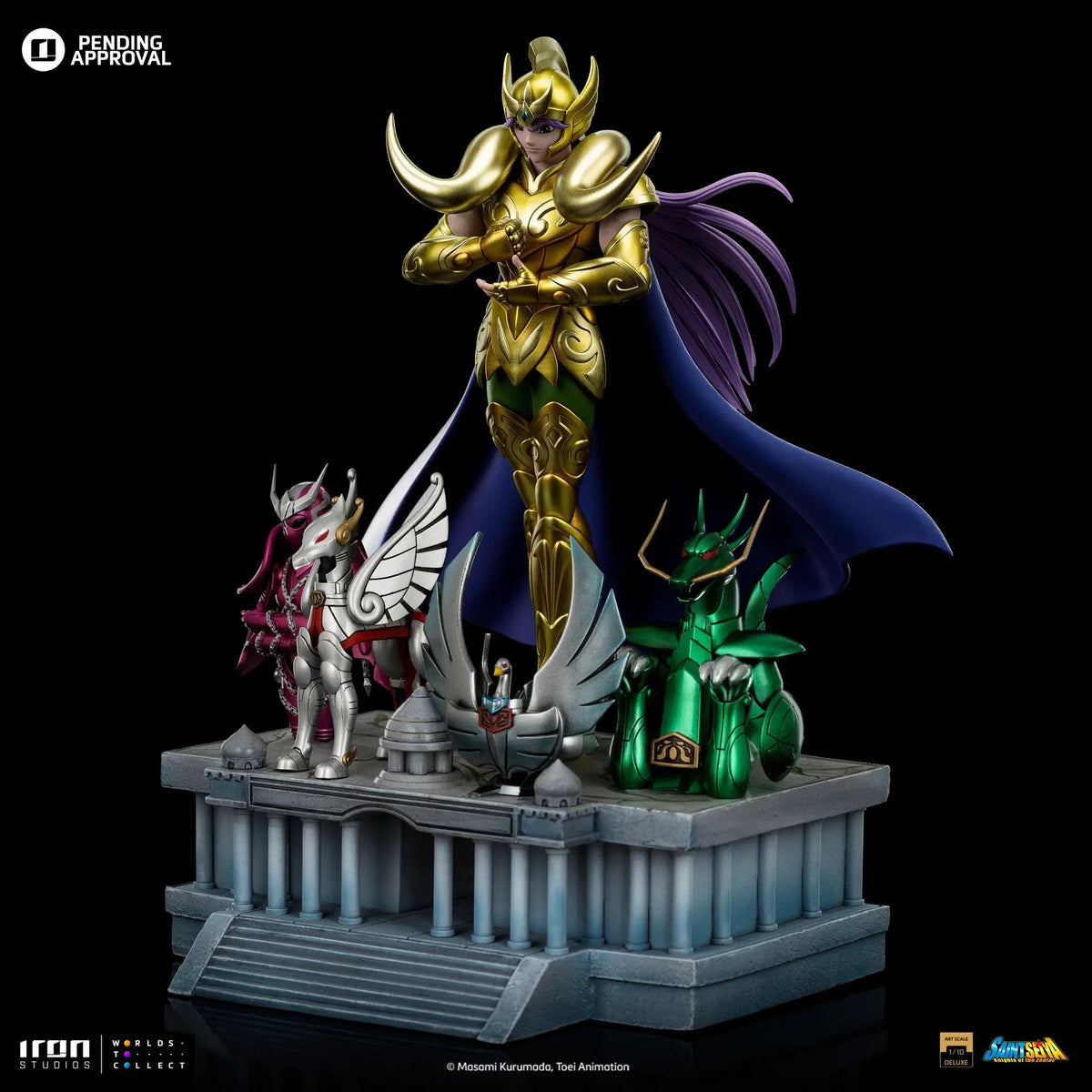 Statue Aries Mu from Saint Seiya by Iron Studios, Deluxe Art Scale 1/10, gold armored figure with purple cape.
