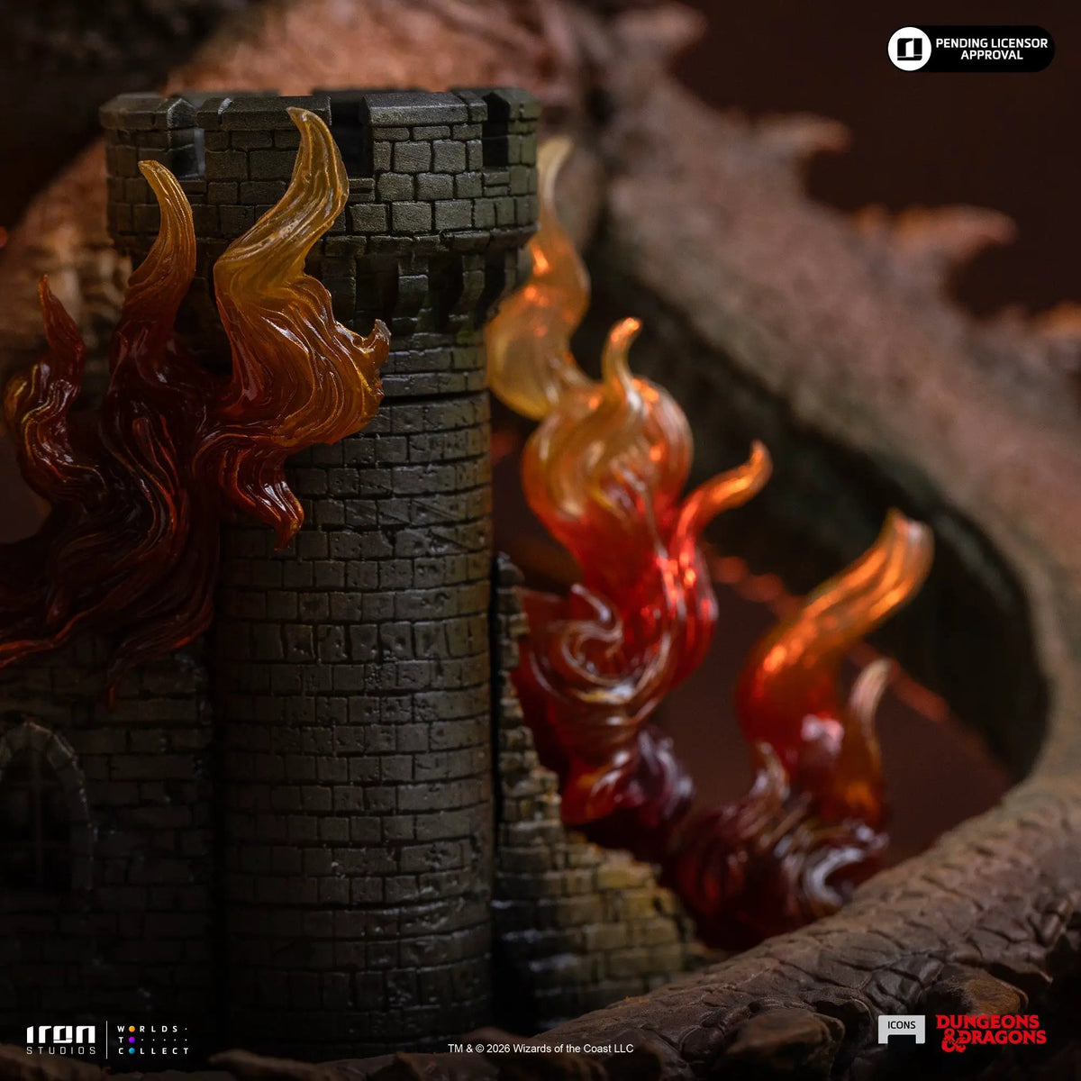 Statue Tarrasque from Dungeons & Dragons Icons by Iron Studios; dark brick tower with orange translucent flames.