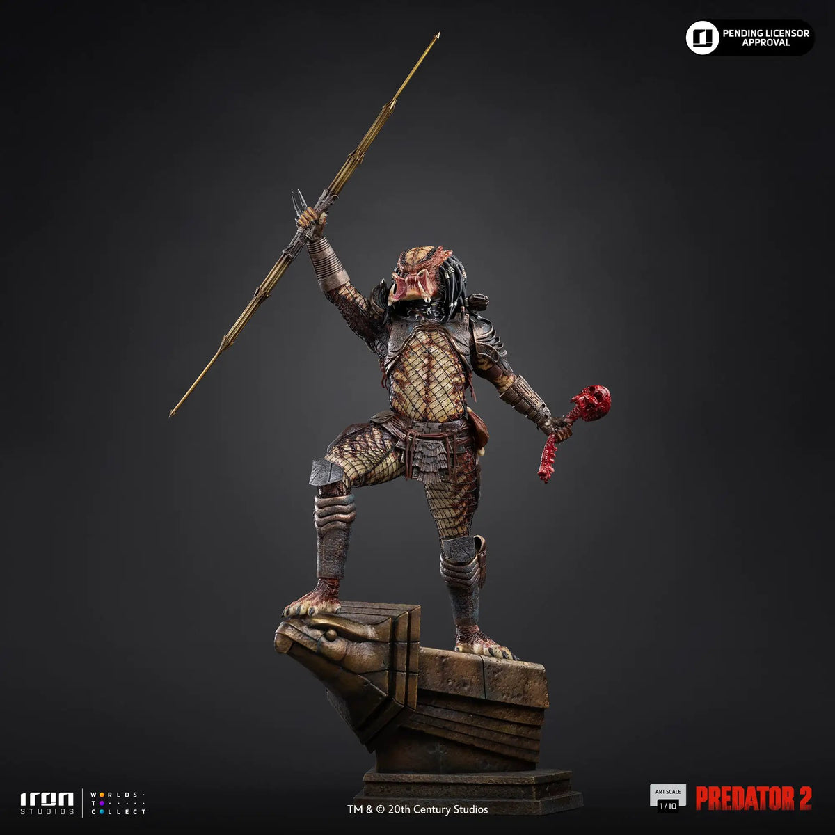 Predator City Hunter statue from Predator 2 by Iron Studios, 1/10 scale, gold spear raised.