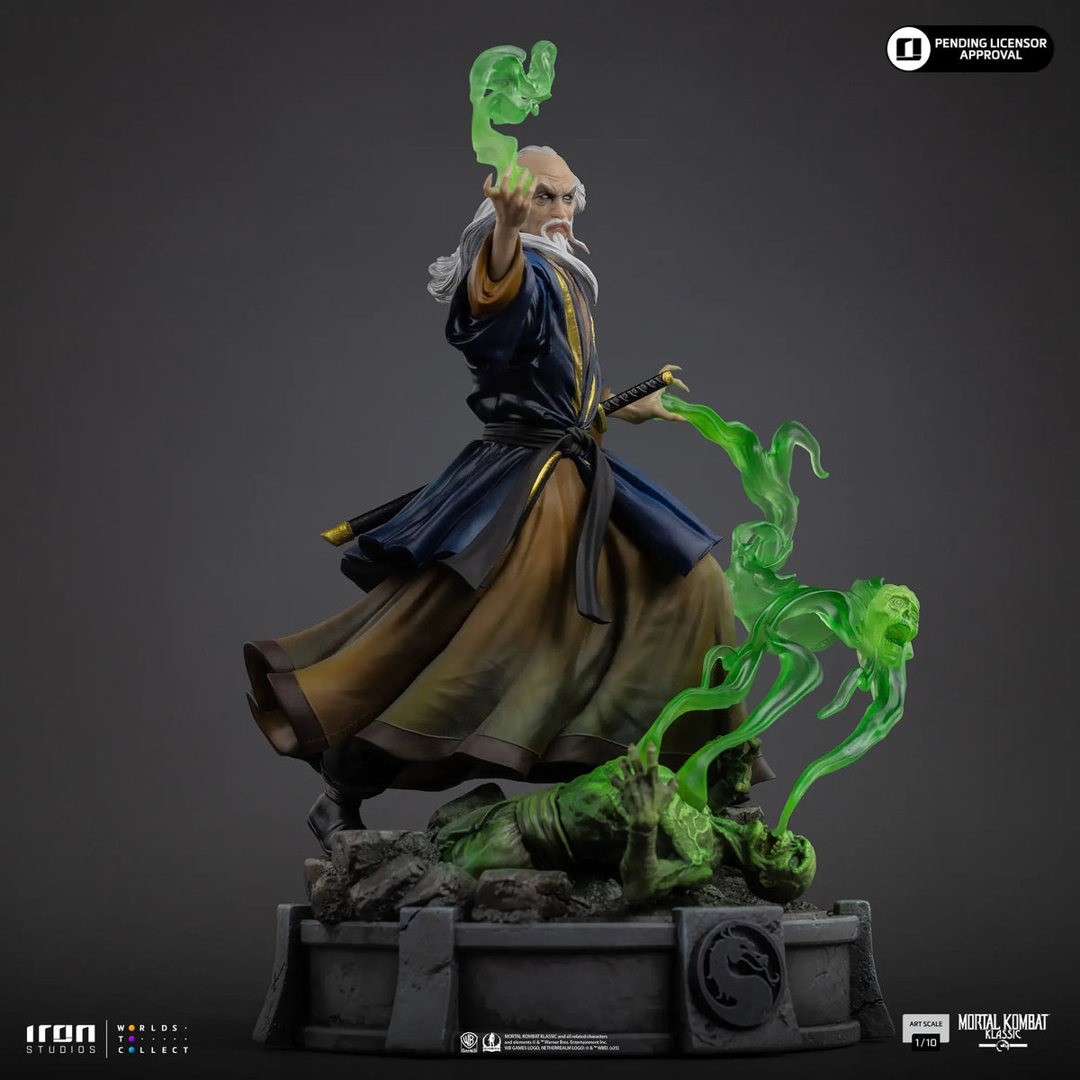 Statue Shang Tsung from Mortal Kombat, Art Scale 1/10 with neon-green energy effects, Iron Studios