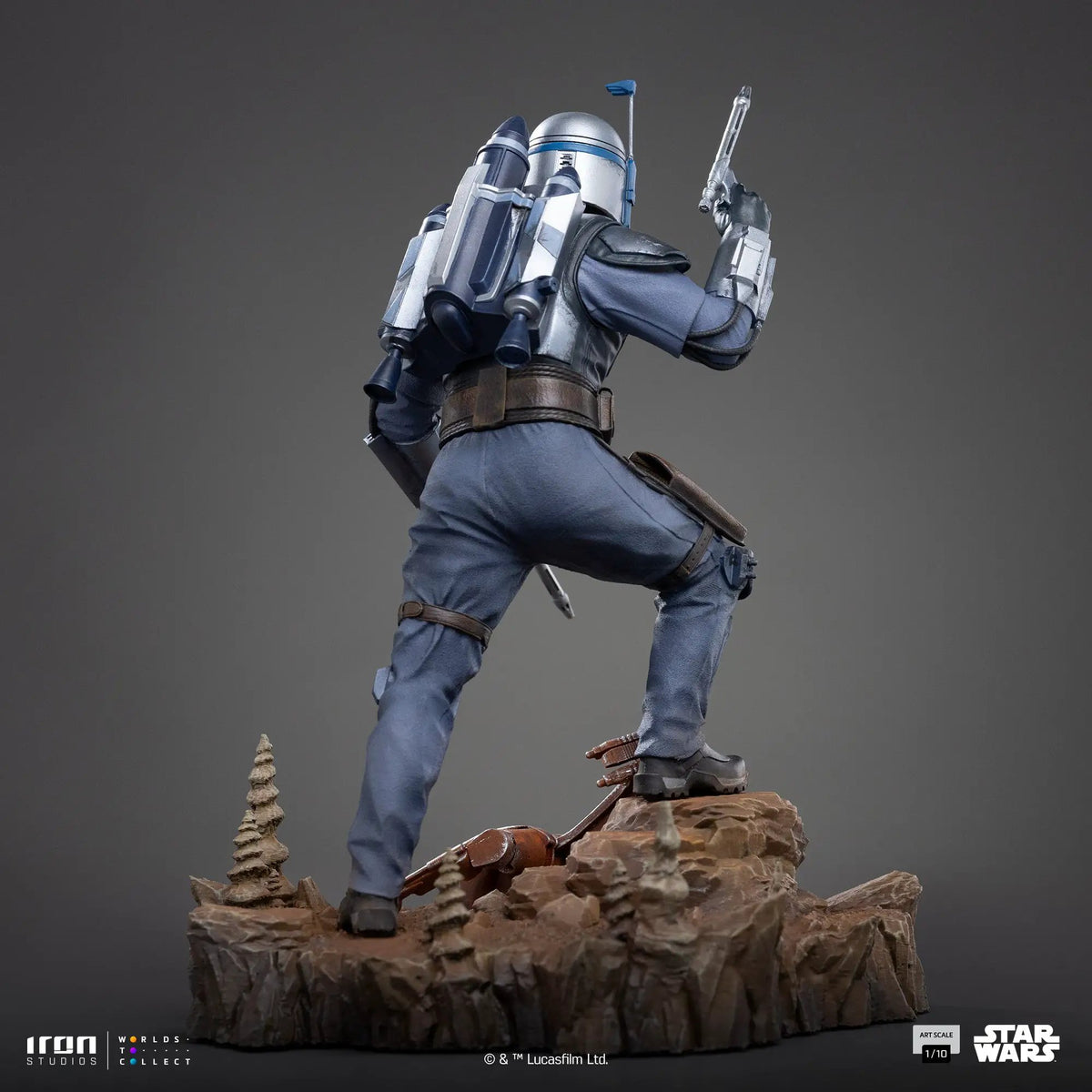 Jango Fett statue from Star Wars by Iron Studios, Art Scale 1/10, blue-gray armor on rocky base
