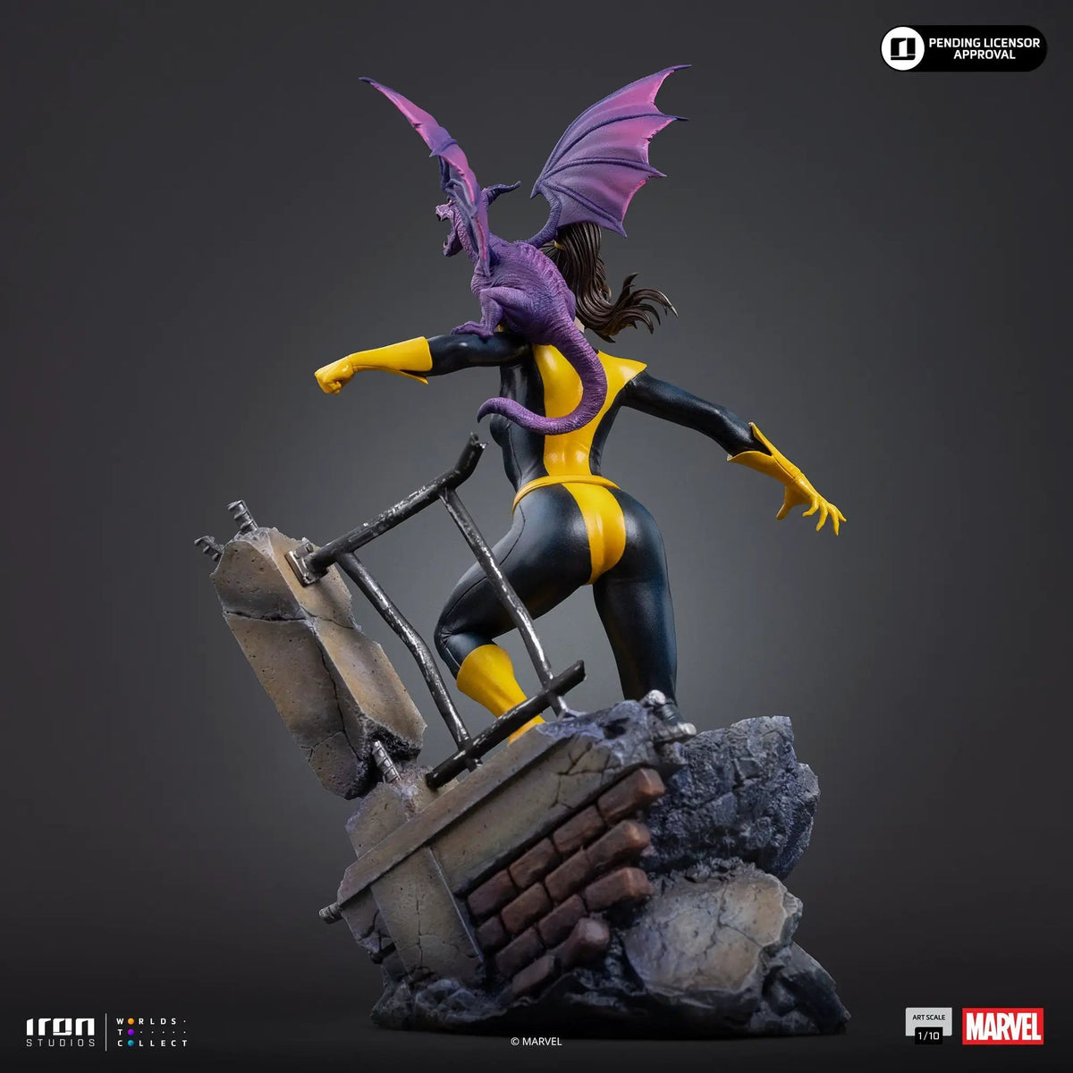Two-figure statue Kitty Pryde & Lockheed (X‑Men) by Iron Studios, 1/10 scale, purple dragon on ruined base