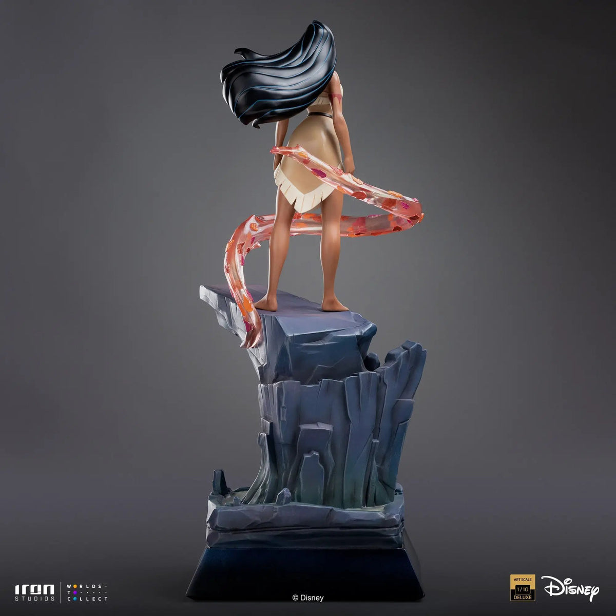 Statue Pocahontas Colors of the Wind 1/10 by Iron Studios; Disney, flowing black hair, beige dress, pink scarf on base.