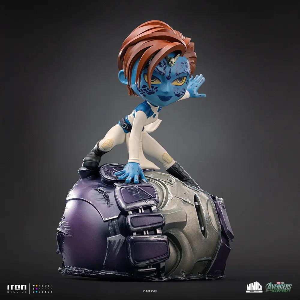 Minico Mystique statue by Iron Studios from Avengers: Doomsday, blue Mystique crouching on a damaged purple base.