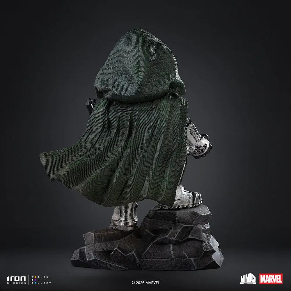 Statue Doctor Doom by Iron Studios Minico Marvel; green cloak, armored figure on rocky base.