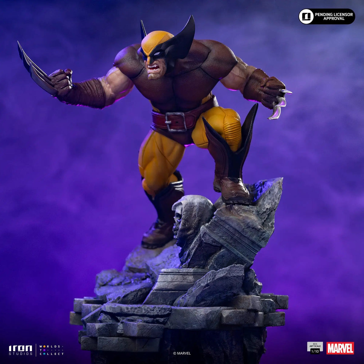 Statue Wolverine action figure on rocky diorama base; brown-yellow costume; Iron Studios 1/10 Marvel collectible