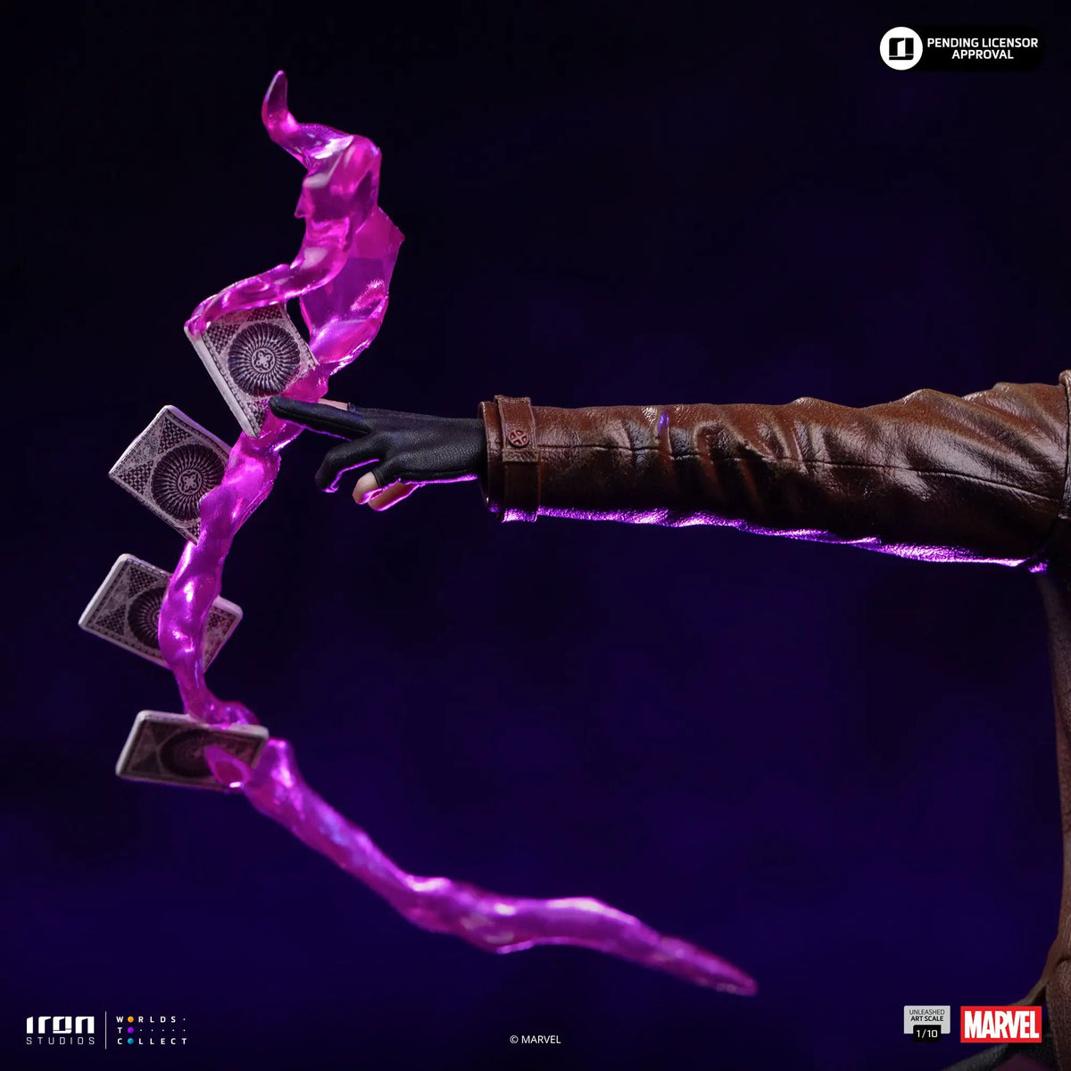 Statue Gambit Unleashed X-Men by IRON STUDIOS; pink energy with cards, leather jacket sleeve, Marvel, 1/10 scale