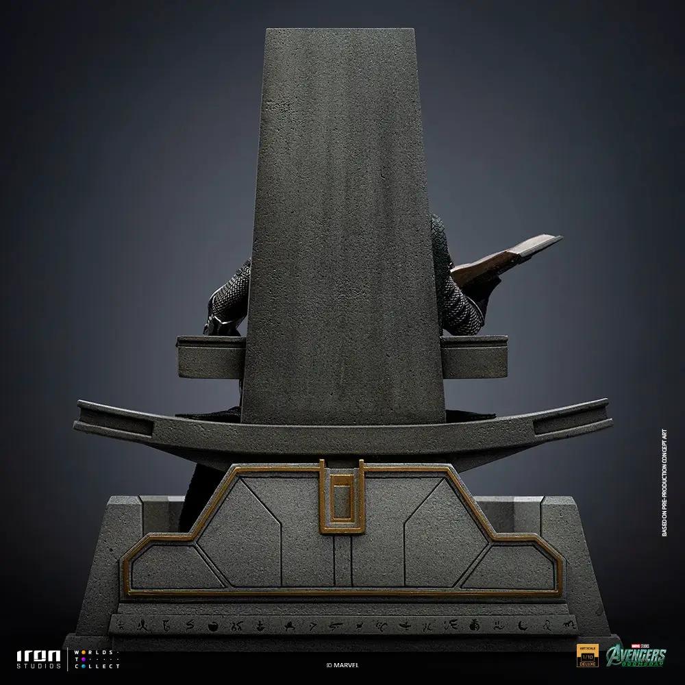 Statue Doctor Doom on throne by Iron Studios, Avengers: Doomsday, 1/10 scale, gray stone finish.