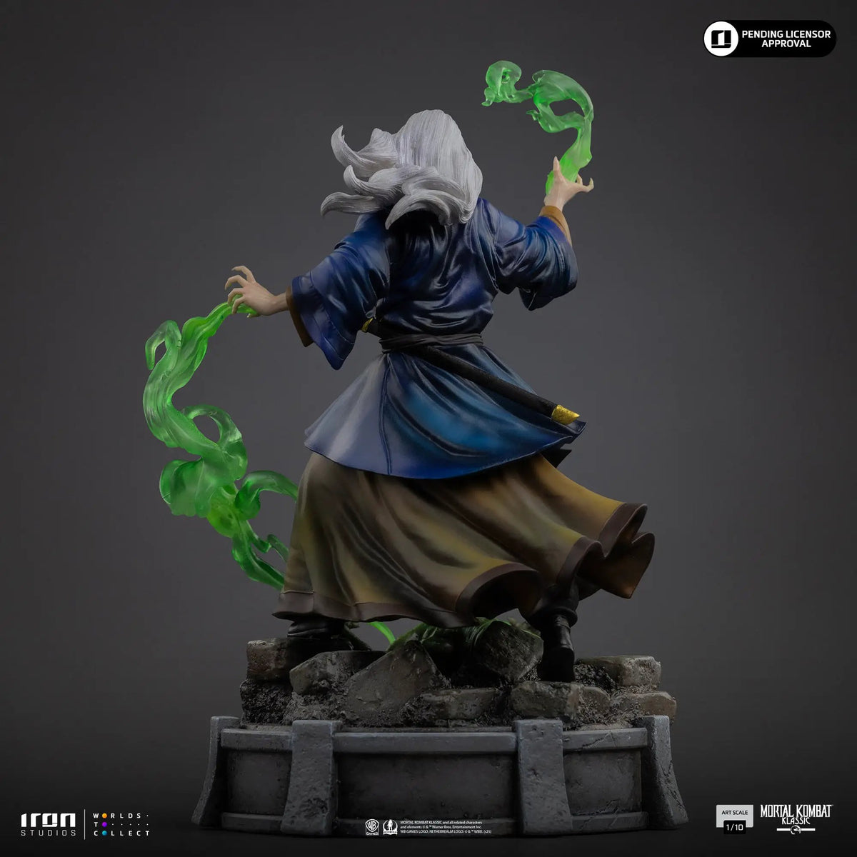 Shang Tsung statue from Mortal Kombat by Iron Studios, Art Scale 1/10, blue robe with green energy effects