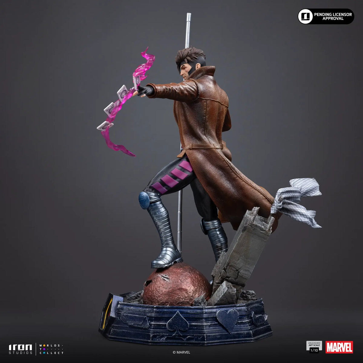 Statue Gambit Unleashed from X-Men by Iron Studios, 1/10 Art Scale; brown trench coat with magenta energy cards