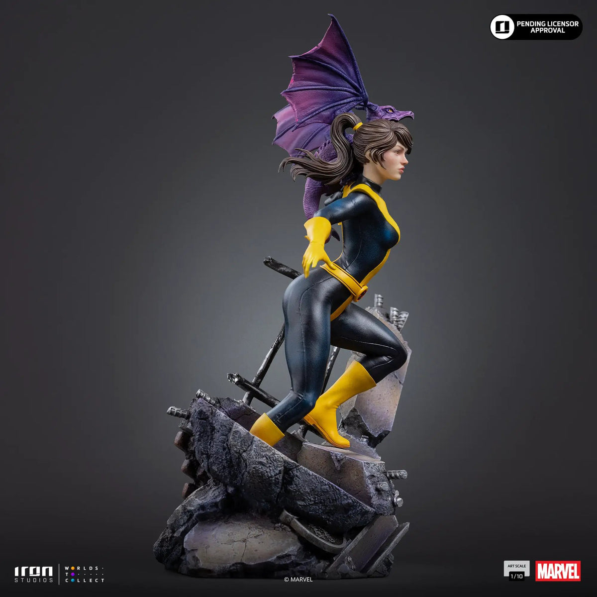 Statue Kitty Pryde & Lockheed from X-Men, yellow and blue suit with purple dragon, 1/10 scale by Iron Studios