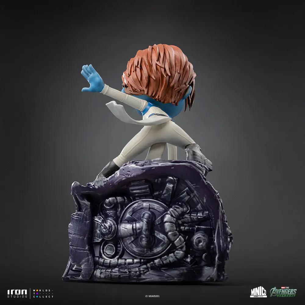 Statue Mystique by Iron Studios Minico; blue-skinned in white suit on a purple mechanical base.