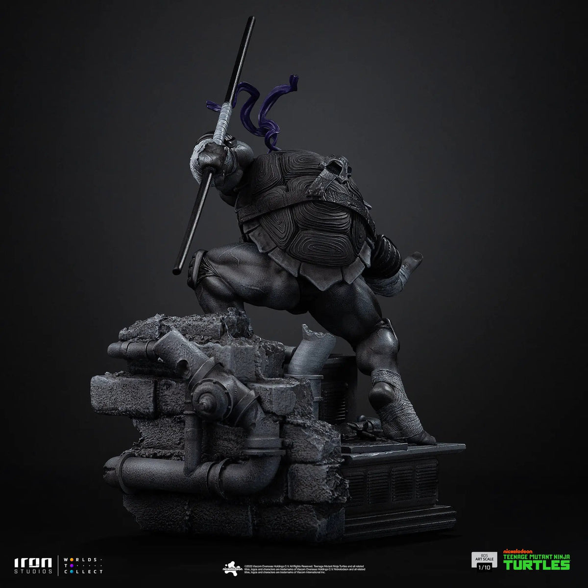 Donatello statue Black and White Variant from TMNT by Iron Studios on rubble base, 1/10 BDS Art Scale