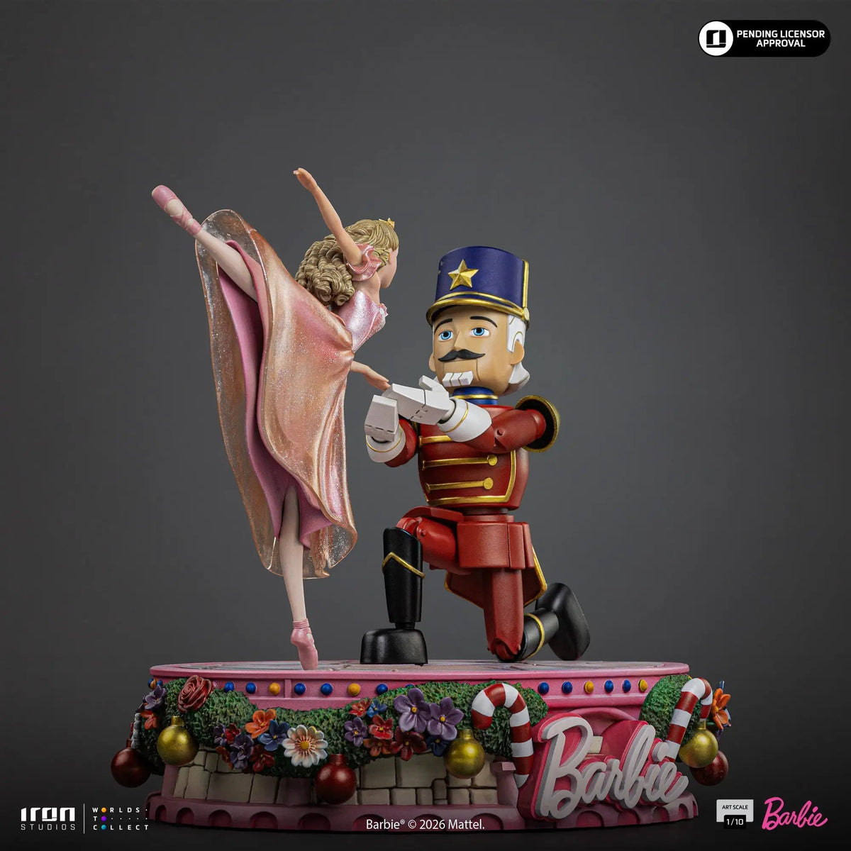 Statue Barbie Nutcracker (25th Anniversary) deluxe 1/10 by Iron Studios, with Barbie and Nutcracker soldier on a candy base.