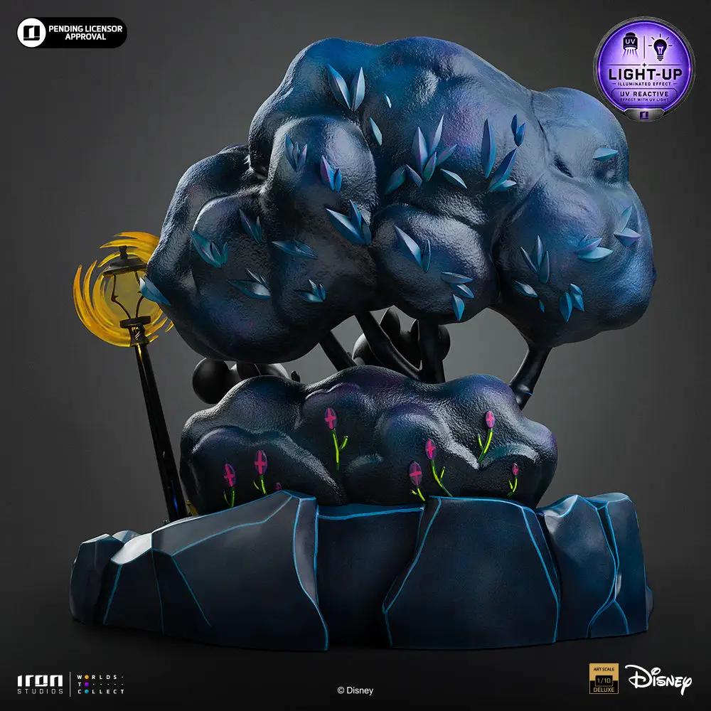Statue Mickey, Minnie & Pluto's Day at the Park by IRON STUDIOS, blue-leaved tree on rocky base with lantern