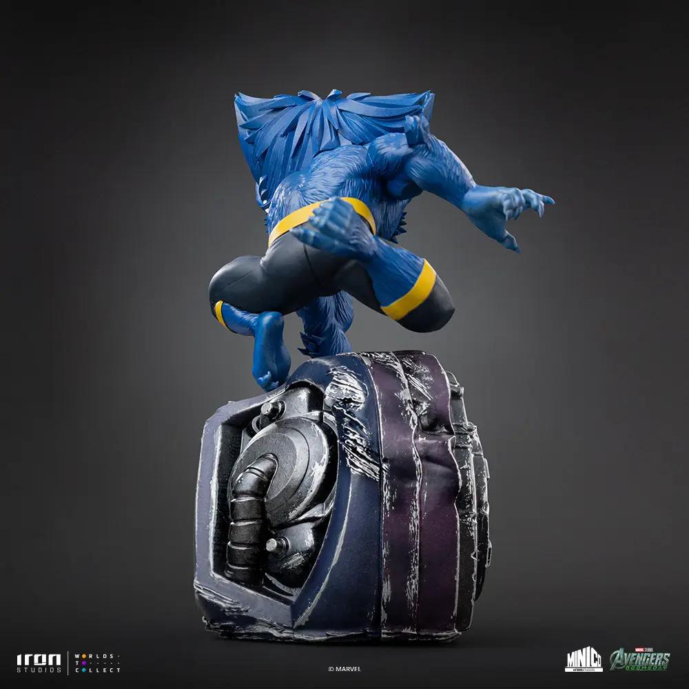 Beast Minico statue by Iron Studios, blue fur with yellow belt on a weathered metal base