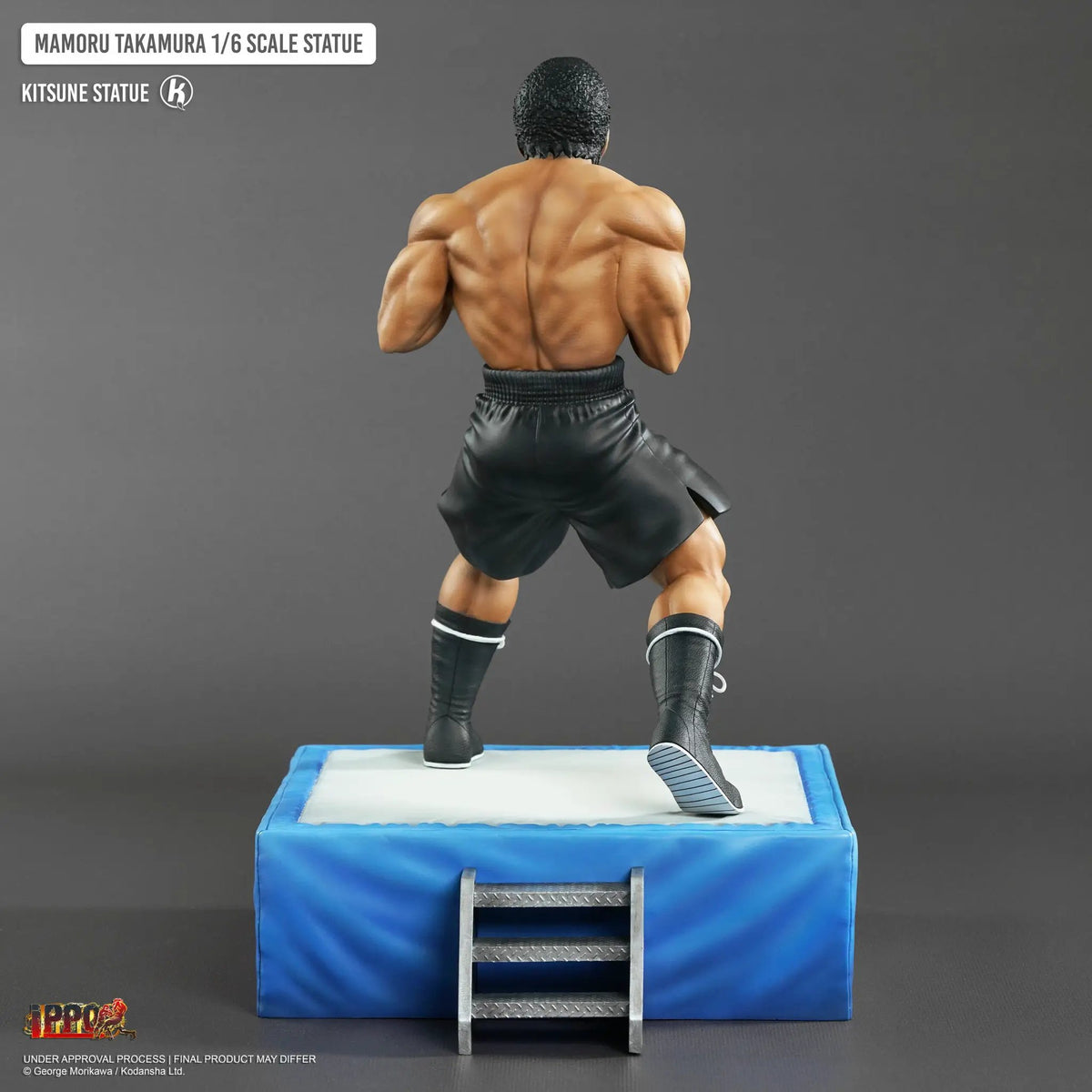 KITSUNE Takamura 1/6 figure statue, 34cm, back view of muscular torso in black shorts on blue display base