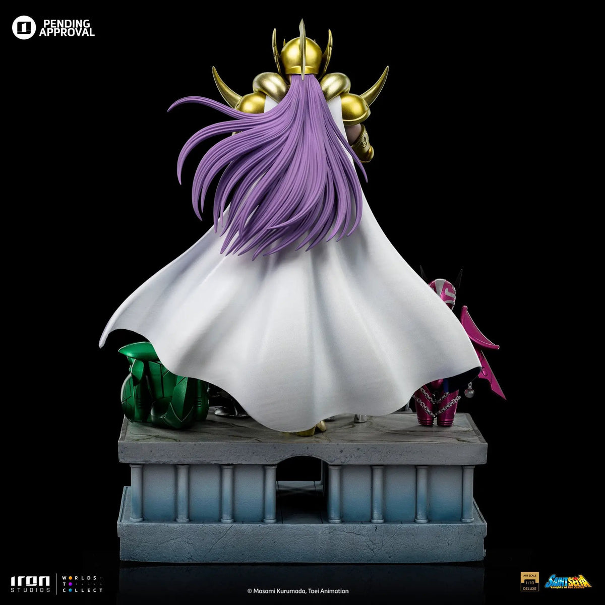 Statue Aries Mu from Saint Seiya by Iron Studios, Deluxe Art Scale 1/10; gold armor, purple hair, white cloak.