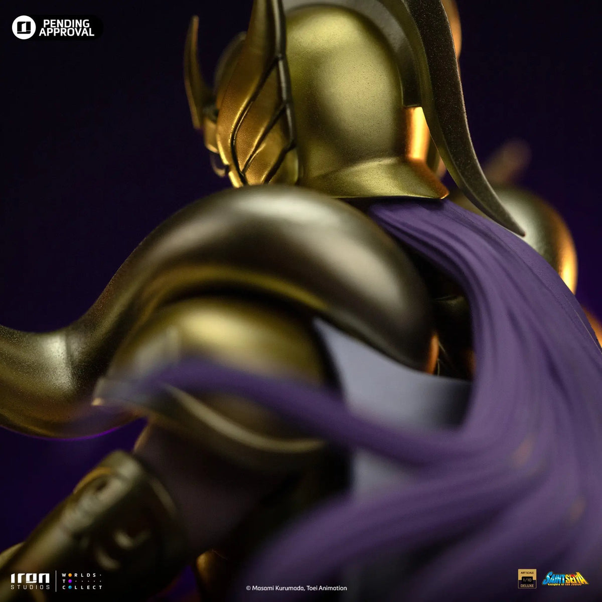 Statue Aries Mu from Saint Seiya Deluxe Art Scale 1/10 by Iron Studios, gold armor with purple cape