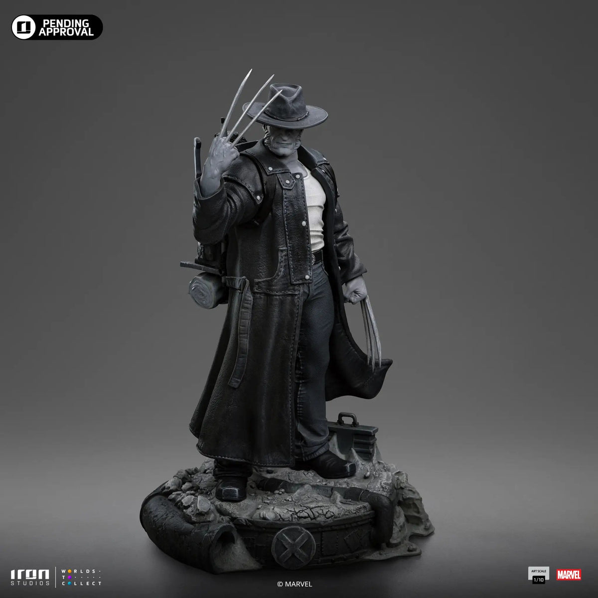 Old Man Logan statue by Iron Studios in black-and-white, X‑Men Art Scale 1/10.