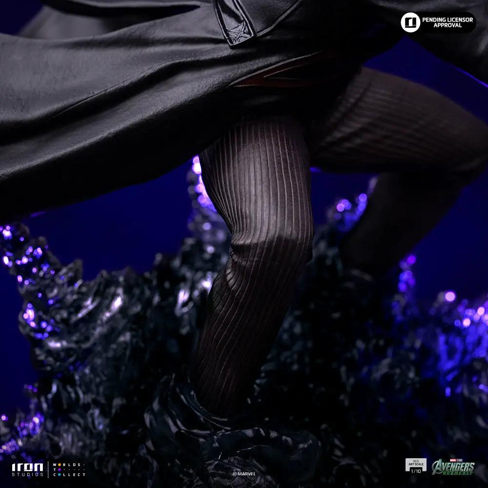 Statue Nightcrawler from Avengers: Doomsday by Iron Studios, 1/10 scale; close-up of leg in pinstripe tights with flowing cape on rocky base.