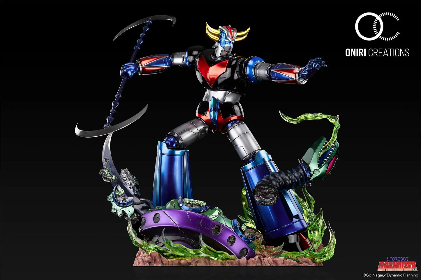 UFO Robot Grendizer premium statue by ONIRI CREATIONS; metallic red-blue figure with scythe on rocky base