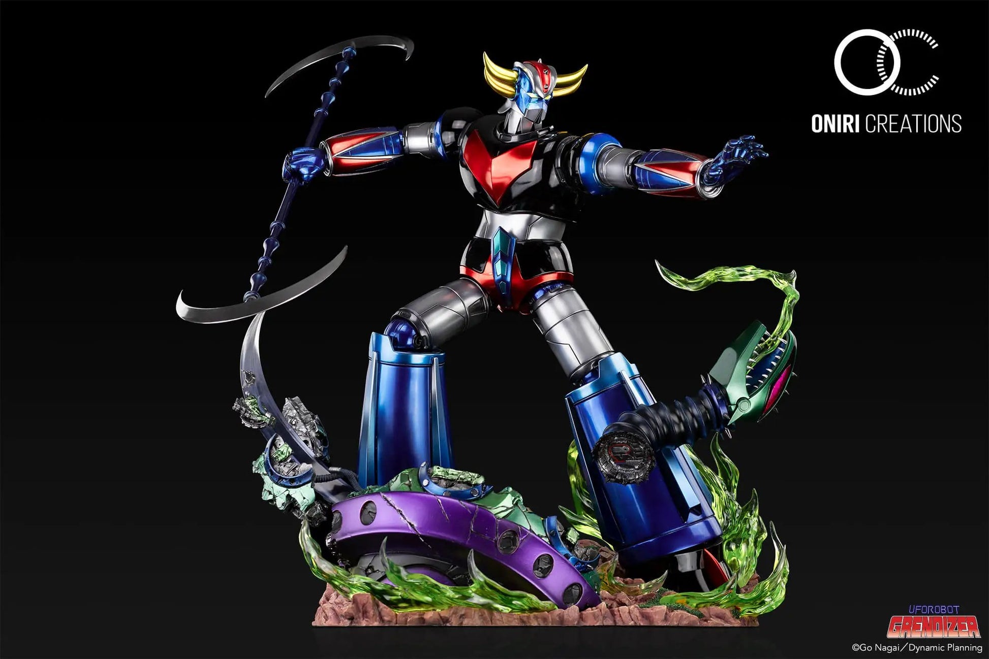 UFO Robot Grendizer premium statue by ONIRI CREATIONS; metallic red-blue figure with scythe on rocky base