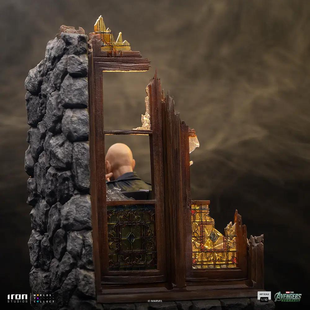 Statue of Professor Xavier from Avengers Doomsday by Iron Studios, 1/10 scale, diorama with a ruined stone wall.