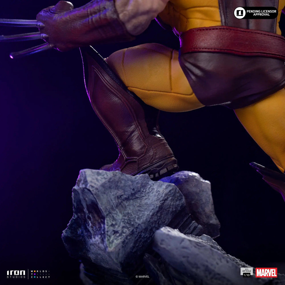 Statue Wolverine figure in yellow-brown suit on a rocky base, Iron Studios, Marvel licensed, 1/10 scale