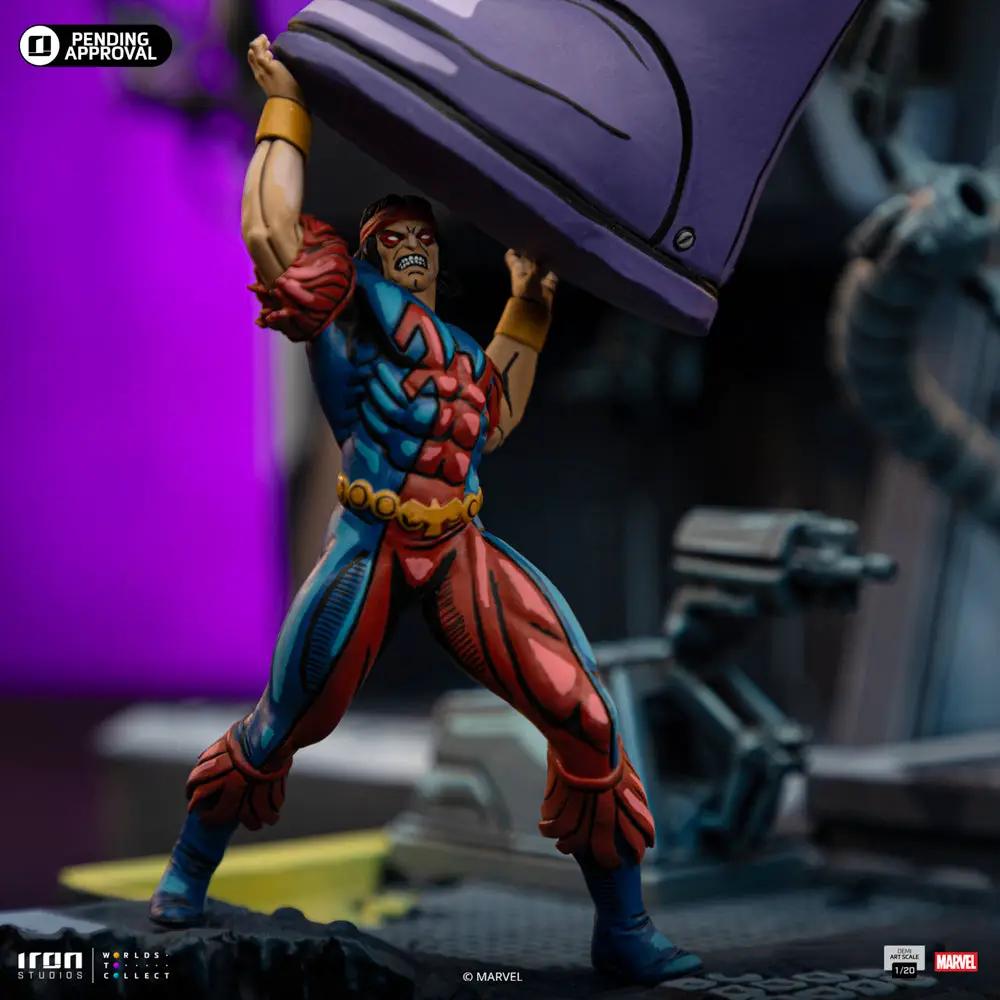 Statue X-Men Danger Room B (Comics Version) by Iron Studios; red-blue suit hero lifts a large purple prop.