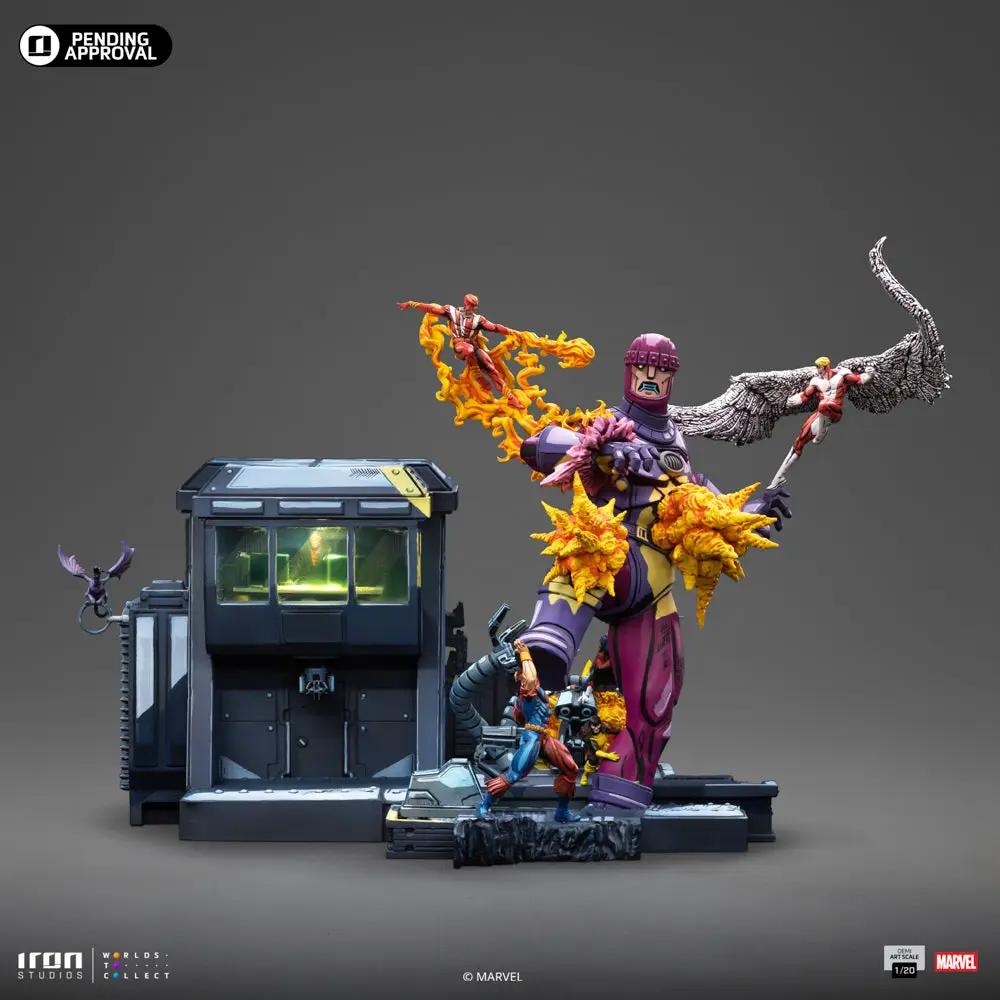 Statue X-Men Danger Room B diorama by Iron Studios; purple armored mutant with fiery energy, winged ally, and multiple X-Men figures.