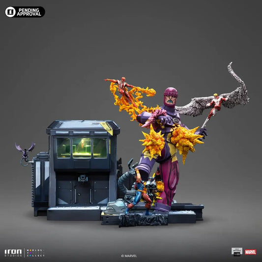 Statue X-Men Danger Room B diorama by Iron Studios; purple armored mutant with fiery energy, winged ally, and multiple X-Men figures.
