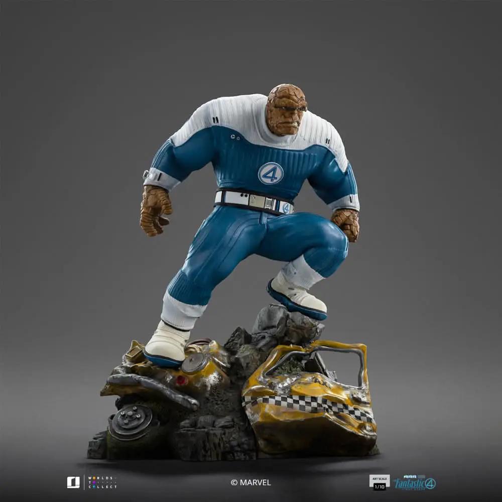Statue The Thing in blue-white suit; orange rocky figure atop rubble, 1/10 scale by Iron Studios