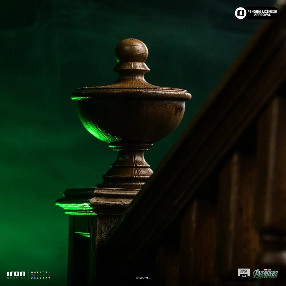 Statue Cyclops Regular ver. Avengers: Doomsday Legacy Replica 1/4 by Iron Studios, green-lit wooden stair rail close-up