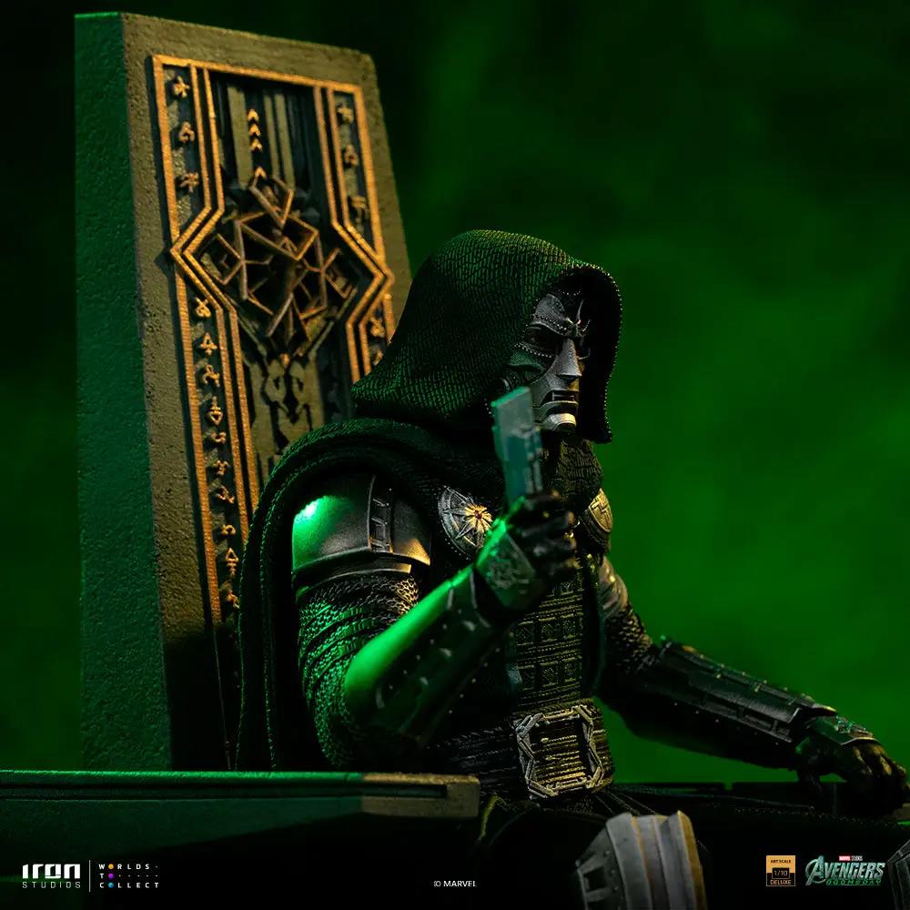 Statue of Doctor Doom on throne from Avengers: Doomsday by Iron Studios, Art Scale 1/10, green-lit armor.