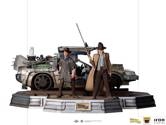 Statue Delorean Full Set Deluxe from Back to the Future III, Iron Studios, 1/10 scale, two figures on a display base.