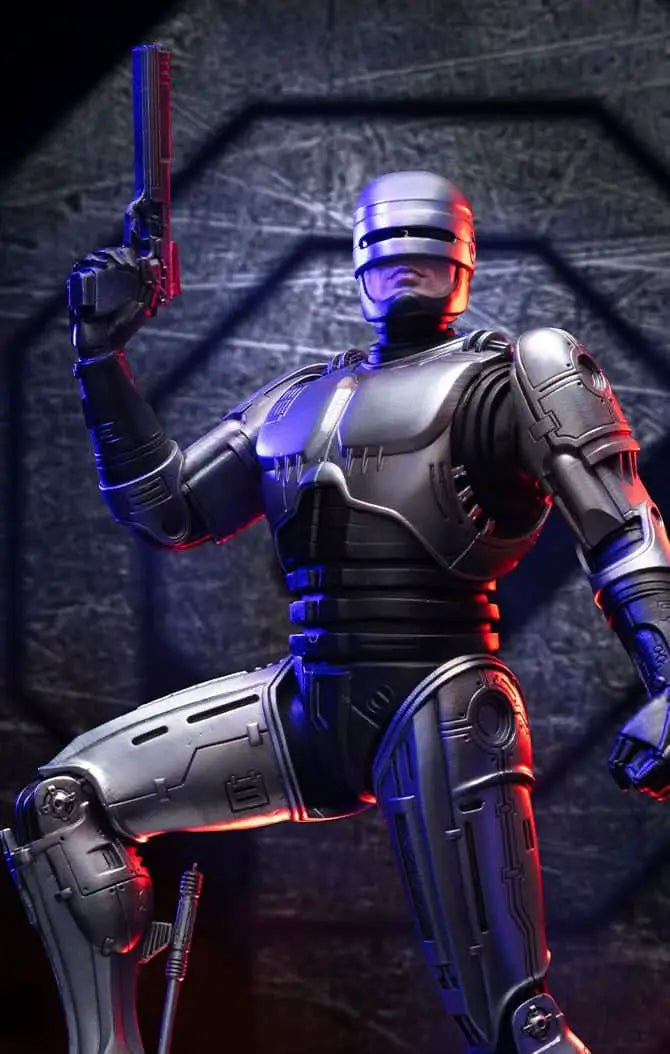 Robocop statue, Iron Studios 1/10 scale, silver armor with raised pistol.