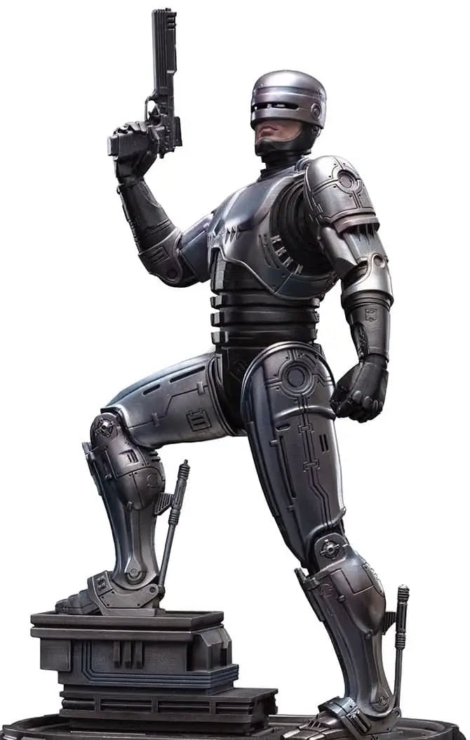 Robocop statue by Iron Studios, Art Scale 1/10, metallic silver armor with raised pistol.