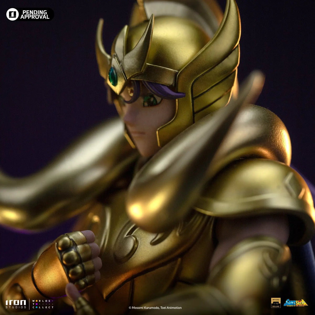 Statue Aries Mu from Saint Seiya, Iron Studios, Deluxe Art Scale 1/10 with gold armor close-up.