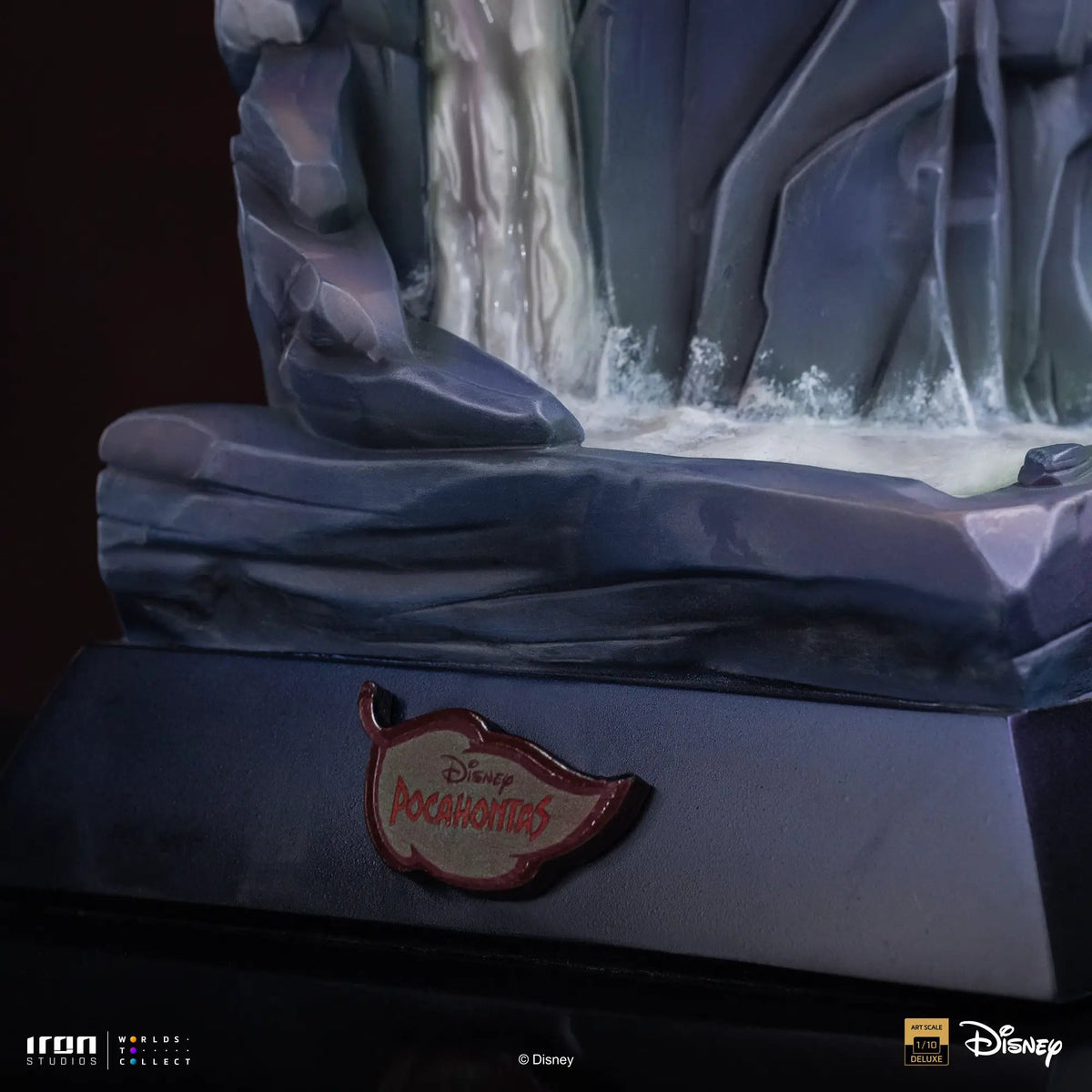 Statue Pocahontas Colors of the Wind ver. by Iron Studios on a blue rocky base with snow; Disney Classics, 1/10 scale.
