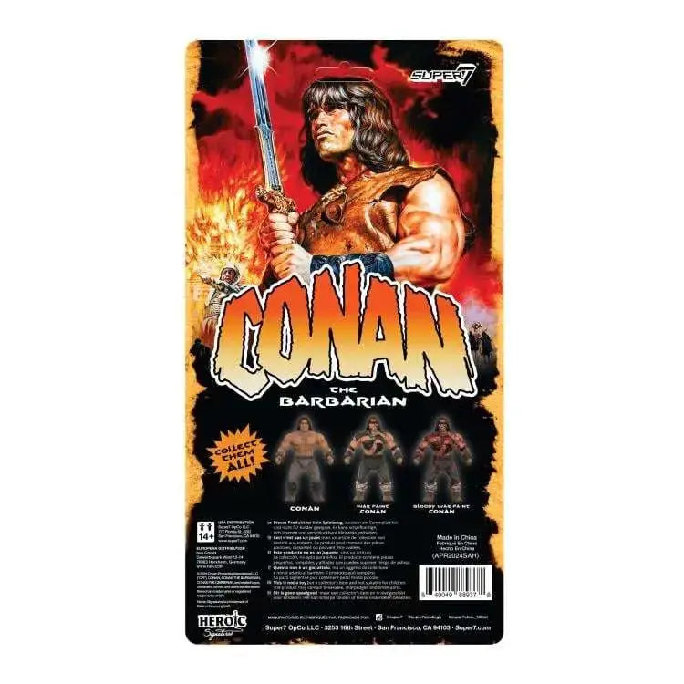 Conan the Barbarian action figure by SUPER7; vintage packaging with fiery orange artwork and three mini figures