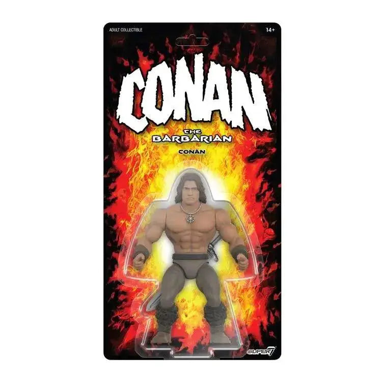 Conan the Barbarian action figure by Super7 in blister pack; shirtless, muscular figure against a fiery backdrop.