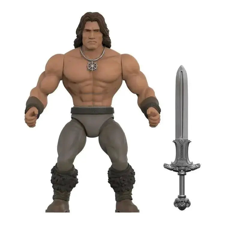 Conan the Barbarian action figure by SUPER7 with sword, muscular torso, gray pants