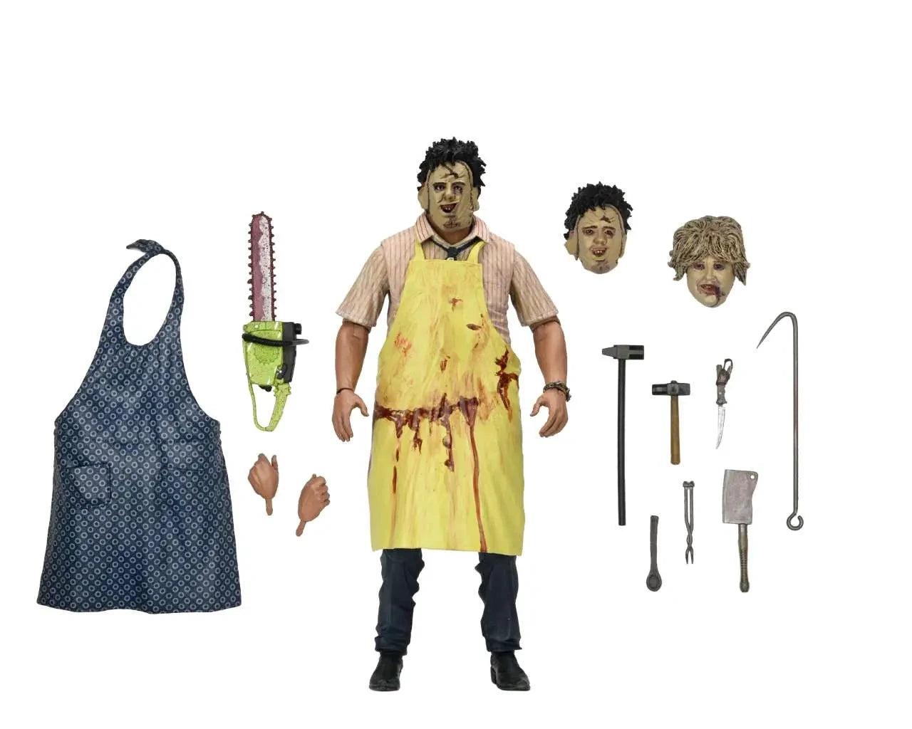 NECA Leatherface action figure from Texas Chainsaw Massacre, 50th Anniversary Ultimate Action Figure, with yellow apron