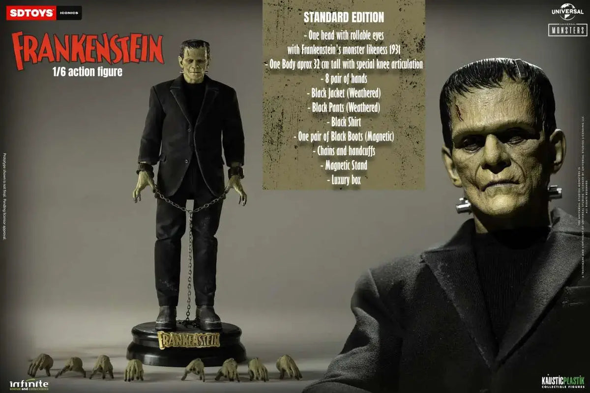 Frankenstein's Monster 1/6 action figure, Infinite Statue Standard Edition; black suit with chains on a display base.